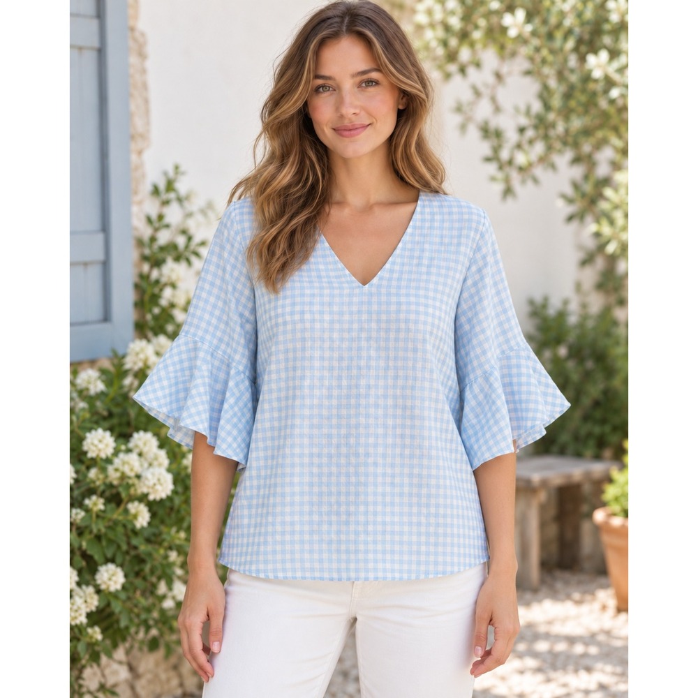 Calvin Klein Gingham Blouse Womens Medium Blue White Ruffle Sleeve M9TAD539